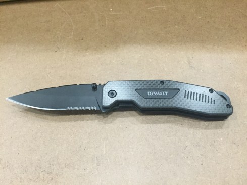 This is DeWalt's carbon fiber pocket knife, DWHT10314. It's made with a heavy-duty steel blade that's reported to stay sharp for a long time and be easy to sharpen. Cost: $40. Release date still unclear.