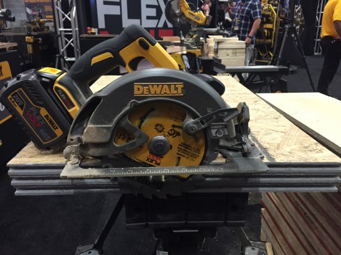 The 60V MAX* 7-1/4” circular saw (DCS575) with brushless motor was one of the first tools demonstrated at the event. It has the power and functionality of a corded sidewinder (is a wormdrive model on the horizon? not sure). According to DeWalt this saw can make up to 339 cuts in 2x4 SPF on a single charge. It has a , LED light, 2 9/16” depth of cut, 57° bevel capacity, aluminum base. $179 (bare) and $299 (kit includes 1 battery). 