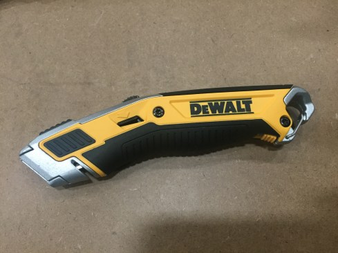 The DWHT10295 has some cool features included tool-free quick blade change, blade storage that's protected from the weather, 3 blade locking positions, and integrated carabineer clip. Cost: $14. Release date still unclear, but likely this summer or early fall. 
