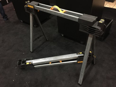 These saw horses aren't new, they actually came out recenlty. But we got to see how quickly they set up and, perhaps the coolest thing about these is that they clip together so you can carry two at a time using one handle. Together a pair will cold up to 2000 lbs. Cost for one sawhorse: $40.