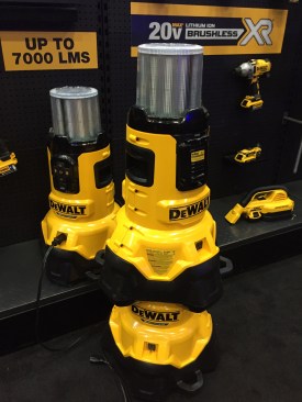 Here's DeWalt's version of the Wobble Light, though this one is cordless. It will run on either AC or a battery. When plugged into AC it provides 7000 lumens, which was far too bright too look at directly. If the power goes out, the light will stay on if a battery is installed but it will bump down to 3500 lumbs. There's left, right, and 360 degree modes, it's also a charger (20V Max or Flexvolt), and it has a dimmer on the control panel. It weighs 27 lbs, and is hollow so these can be stacked onto one another (as shown here). 4 lights can be daisy chained together. The light can also be controlled via DeWalt's tool connect. It weighs 27 lbs w/o battery and has spots to mount four casters. Cost: $399 bare tool (DCL070); $499 for a kit (DCL070T1) which includes a 20V Max battery. Available this fall. 