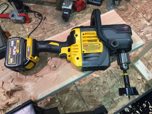 Also new to the cordless Flexvolt tool line is a 60V Max VSR stud and joist drill (DCD460). It made easy work of boring 2"-plus diameter holes in 2x material. DeWalt says it can be used in two, three, four, and five layers of 2x and engineered lumber. It has a mechanical clutch that locks out if it the tool binds, so it won't snap your wrist or throw you across the room. It has 2-speeds and is variable speed reversible. The bail handle is adjustable, has onboard chuck key storage, and LED light. $279 (bare) $399 (kit)