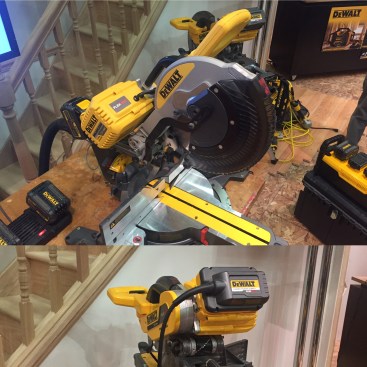 Another look at the cordless sliding compound miter saw. The back side shows a pack attached to a cord where the batteries normally go. That pack/cord attachment converts the cordless tool into a corded one for AC power. It will be available with just the power adapter for $649, so you can add batteries later if you want. Or you'll be able to purchase the kit which will include this power adapter, two batteries, and a charger for $799. Keep in mind that batteries are $149 each.