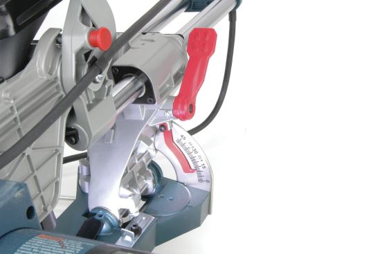 Bosch has the most bevel-adjustment features. Seen here are the side-mounted locking lever, highly visible bevel scale, and the sliding stop-override plate that lets you reach a few degrees past zero.