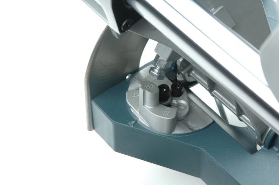 Multiple bevel angle stops are set on the Bosch with a turret similar to those on plunge routers. Turning it past the 45 stop lets you gain a few more degrees.