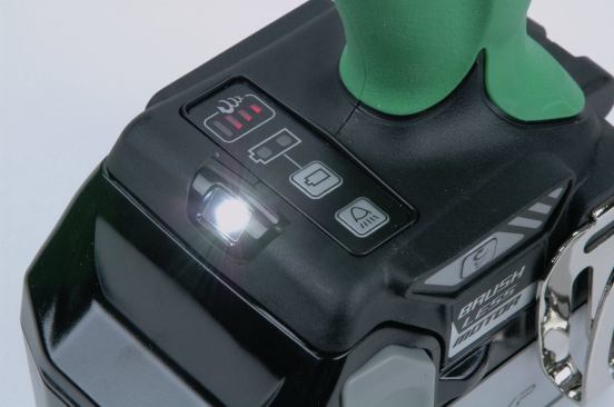 A button on the side of the Hitachi's base adjusts the maximum speed of the trigger control through four different settings indicated by the LED display seen to the left. By reducing the speed, you also reduce the power. Unlike changing gears from high to low, the slower speed settings decrease rather than increase the tool's torque output. Another button on top of the base lets you switch the LED headlight on and off manually, making this and the Festool the only tools tested where the headlight can be turned off when not needed. The third button activates the battery fuel gauge display.