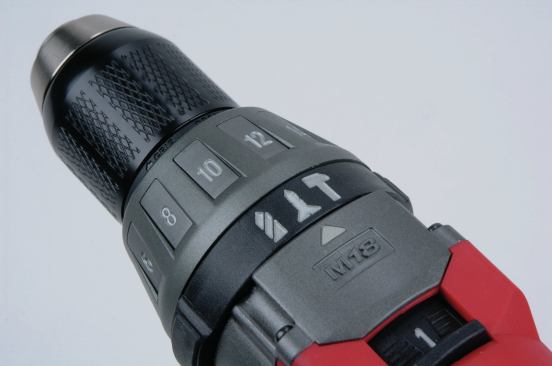 A separate switching ring on the Milwaukee (shown here), Fein, Makita, and Ridgid tools lets you change between driver, drill, and hammer drill modes without disturbing the clutch setting.