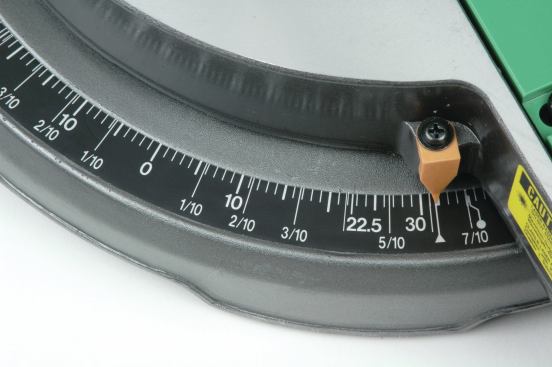 Some miter scales have more settings marked than others. The scale on the Hitachi is particularly busy with both degree and grade scales. As with other miter saws, the setting for perpendicular cuts is marked as 0 degrees instead of the actual angle of 90 degrees. The same format also is used for perpendicular bevel cuts.