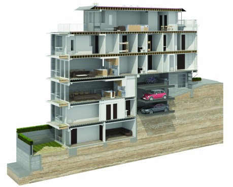 A showcase multifamily retrofit still under construction by San Francisco developer Tyson Dirksen will add three stories of concrete and steel structure under an existing historic wood-framed house. Engineers okayed EPS insulation around the new lower portion’s reinforced footings.