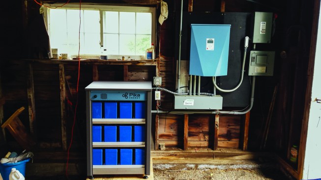 The solar array combined with a Pika Energy battery and controller inside the barn, kept Hans Albee’s house powered up during a recent statewide power failure in Maine.