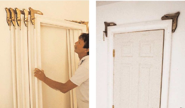 Clamped assemblies are leaned against the wall till dry, although the clamps can be removed within five minutes (left). If the glue has not had time to cure, the casing units are installed with their clamps still attached (right).