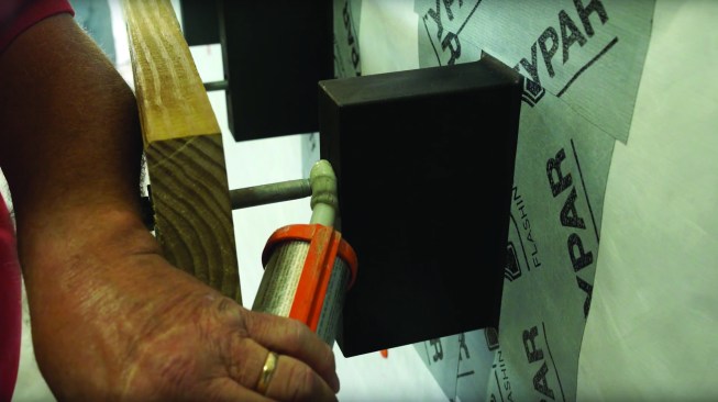 BR Brick Brackets are connected to the rim joist with 1⁄2-inch-diameter through-bolts. The bolt hole is filled with sealant prior to installing the bolt to prevent water intrusion.