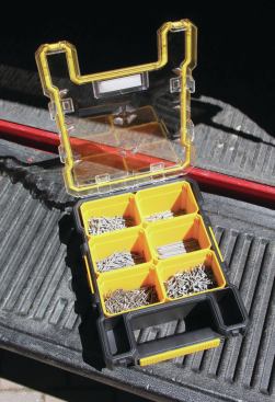 The DeWalt Mid-Size Pro Organizer has six removable cups and two smaller cups molded into the handle.