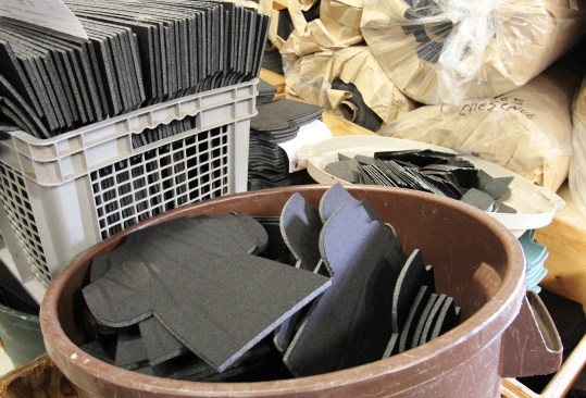 Few Occidental products are entirely leather; most contain leather plus synthetics such as neoprene and this foam sandwiched between pieces of industrial nylon--which will be folded and sewn into a pouch.