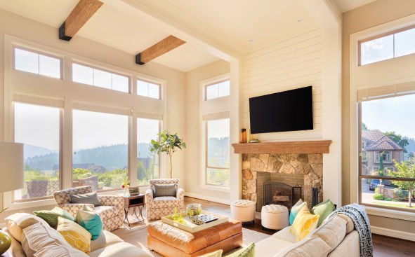 Beautiful living room in luxury home with hardwood floors and amazing view