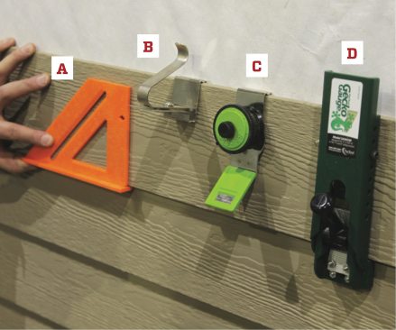 There are dozens of different gauges; four are shown in the photo above. Gauges can be as simple as a plastic framing square cut to the size of the siding reveal (A). (We label ours with their size and store them
in a bucket for future projects.) The second gauge (B) is preset to the size of the overlap and slips over the top of a siding course to hold the board above in place, allowing one person to install long lengths. The third one (C) also slips over the top and lets you dial in the size of the reveal. The fourth gauge (D) clamps to the bottom of the course below. It adjusts to the size of the reveal and locks in place with a lever.