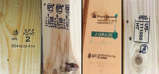 “Legal” lumber grades must have a grade stamp listed by the American Lumber Standard Committee (ALSC); these stamps (left two images) are among them. The “J-Grade” stamp (third image from left) signifies a premium export grade for the Japanese market that has been intermittently available recently owing to transportation disruptions. But while considered “better,” it’s not technically listed for use in the U.S. The IPPC tag (at far right) certifies “heat treated” (HT) wood for pallets (good for killing insects, which is important for shipping across borders), but it's not allowed for structural uses. An "HT" designation without "KD" (kiln-dried) should be a red flag to avoid.