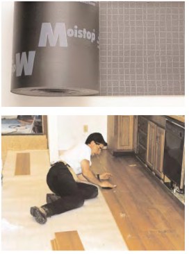 For hardwood strip flooring over radiant heating, always use a moisture barrier like Moistop (top), a fiber-reinforced composite of poly and Kraft paper popular with flooring contractors in the author’s area. Under floating hardwood floors, a pad like AstroBarrier (above) provides a foam cleavage layer and a poly moisture break.