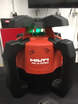 The HPSG rotary laser (currently available) Interior 360 degree rotary is available in red and green. Drop tested at 5' from tripod and 3' free-fall, soft handles that are flexible help absorb energy if drop. Integrated w 12V battery platform, 2-full days of run-time on 2.6Ah w green and red diodes. Runs horizontal, vetical, manual angles. Batteries charge fully in 15-20 min. $1450 one, battery, charger, remote and case remote. Works with a receiver.