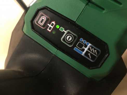 Control buttons at your fingertips. Pressing the on/off button in the center of the dashboard sets the nailer to sequential mode and turns on the tool's LED worklight. The sequential and bump-fire modes can be toggled through quickly by pressing the button on the far right. Pressing and holing the battery button shows the battery status, which is vague and fairly useless; having the battery status on the battery would be a far better solution.