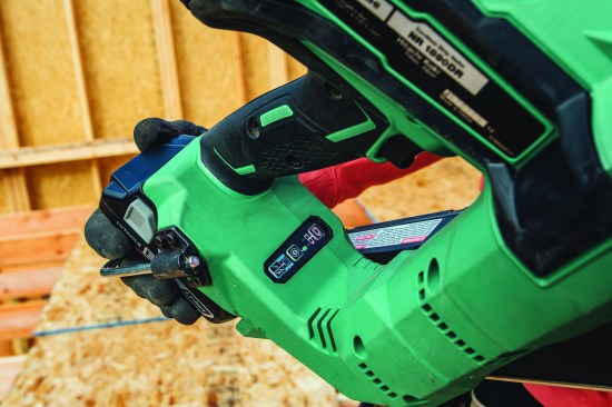 All-inclusive power panel. Along with a safety switch (not  shown) on the gun’s handle, the tool also features an on/  off power button. The onboard fuel gauge provides batterycharge  status, and switching from bump-fire to sequential  mode happens at the push of a button.