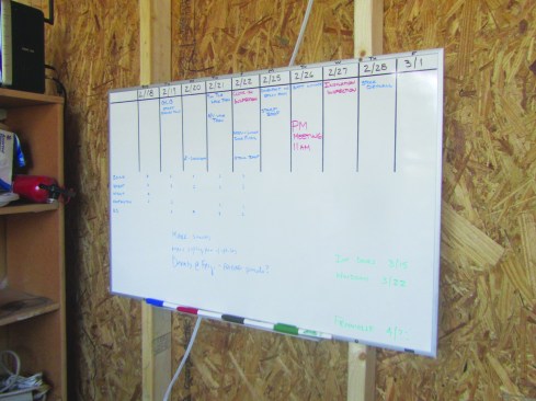 This “look-ahead” chart is updated weekly by the project lead as a short-term planning and execution road map. The project manager and the production manager will meet routinely to update this chart and discuss the appropriate phone calls, materials ordering, or other steps needed to enable work to proceed as planned.