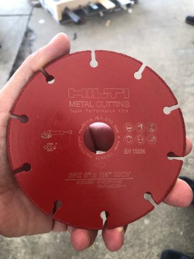 New metal cutting diamond blade SPX can cut multiple material types. Hilti says this blade reduces the need to change discs frequently, getting upto 100 times the life of standard abrasive discs and that the diameter of the blade does not decrease over time, maintaining a consistent cutting depth through the lifetime of the blade. Available in 4.5", 5", 12", 14", and 16". The 5" showd here will run about $20 ea. 