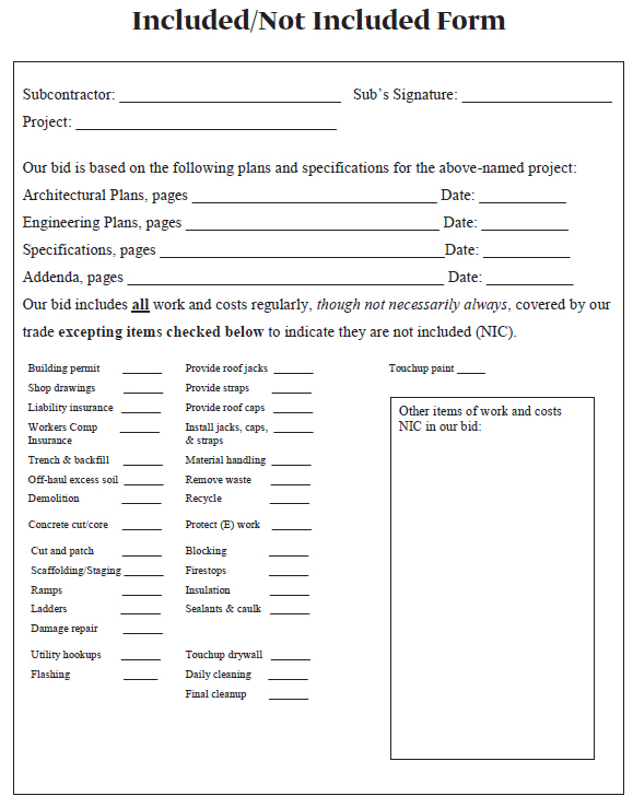 A subcontractor form that spells out items NIC (not included) in subcontractor bids can go a long way toward preventing items from slipping between the trades during estimating.