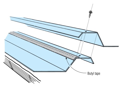 To seal the lap between adjacent panels, apply butyl tape to the weather side of the rib shoulder.&nbsp;