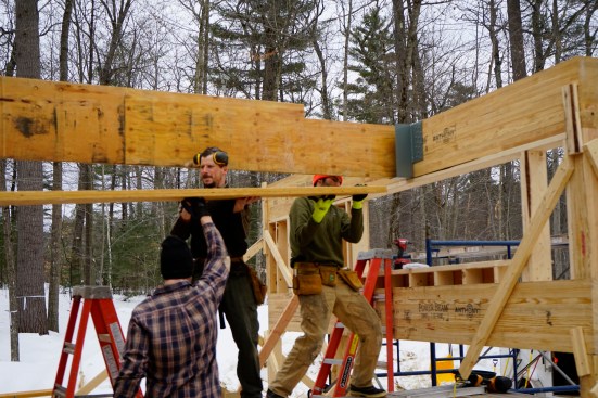 Laminated veneer lumber (LVL), like the structural  beam being installed here, is stronger than comparably sized sawn lumber because any natural defects like knots and splits are only one ply deep.