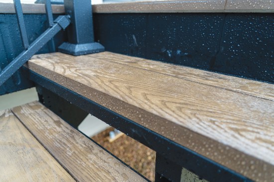 While bullnose boards are available for stair treads, the author typically installs square-edge boards on Fortress steel framing.