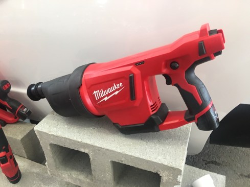This drain cleaner uses air in lieu of a snake to clear drains. M12™ AirSnake™ Drain Clearing Air Gun is the first cordless tool on the market to use compressed air to flush away built-up debris in a drain line. It's completely cable-free and does not require dissaseembly of fixtures, drain covers and p-traps. With a 0-50 variable PSI gauge, you can fine-tune the pressure needed to reach reach clogs 35' out. It comes with separate heads for use on various drain setups, including toilets. It can be used on pipe up to 4" in diameter. Available November 2017. Cost TBD.
