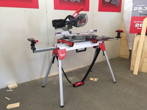 Here's a prototype of a new cordless M18 Fuel 7-1/4” Dual Bevel Sliding Compound Miter Saw. It weight 28 lbs. with a battery pack, is the only cordless saw on the market this size one that dual bevels. It has a 3.5" veticle cutting capacity and 8" on the flat at 90 degrees, as 48 degree L/R miter and bevel capacities and an electric brake. Milwaukee says that it will case out 100 doors or 75 windows of 3.5" pine casing on a single charge. Available September 2017. Cost: $399 (bare tool), $499 (kit includes tool, one battery, and a charger). 
