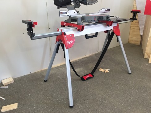 The new aluminum A-frame-style folding stand (model #48-08-0551)  weighs 31 lbs and is equipped with a bracket system that fits all brands of miter saws. With a capacity of over 500 lbs, the stand can support large building materials when fully extended. Available now. Cost: $199.

Optional accessories are also available: A table top for (48-08-0552), a carry strap for $15 (48-08-0553), and additional mounting brackets for $28 (48-08-0554)

