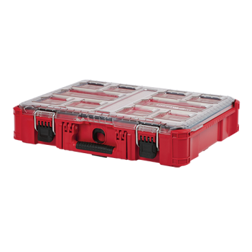 The Milwaukee Packout Organizer is made with impact resistant polymers and a lid that is IP65 rated with a weather seal to keep out rain and jobsite debris. It has 10 removable bins that can be mounted to most construction materials. Item number 48-22-8431 ($44.99)