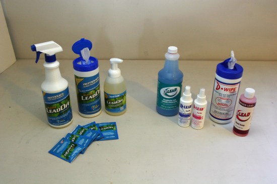 A variety of products are available that may ease the drudgery of getting “sticky” lead dust off surfaces, skin, and clothing. Example shown here include the "Lead Off" products from EcoBond (right), and the product line from Esca Tech (left). Both lines are widely available from amazon and building material retailers.