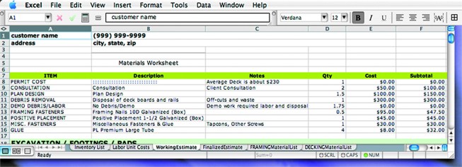 Figure 6. This fleshed-out Working Estimate worksheet has space for client information on top, and beneath it columns for listing tasks, materials and labor units, notes, quantities, costs, and extended prices.