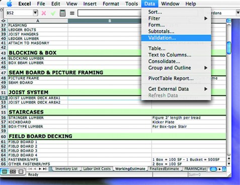 Figure 9. Making a pull-down menu is easy. Click on the cell where you want the menu to appear. Click Data > Validation (top), which brings up a dialog box (above). Under “Allow,” click List. Under “Source,” type the exact category name from the inventory sheet, preceded by =. Click OK. 