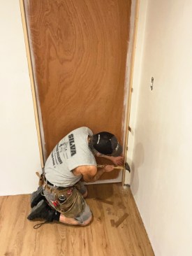 Note that these trim pieces must be removable in order to remove the pocket door from the pocket-door hardware. Before casing the door opening, he shimmed the latch-side jamb to evenly contact the edge of the door ...