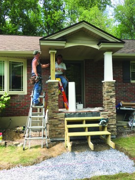 Tapered PVC column wraps dress up the triple 2x6 posts that support the gabled porch roof, which features nicely detailed cornice returns.