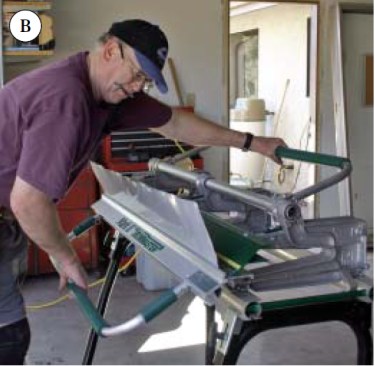With a small portable brake, he fashions a two-piece sill pan from a plastic backedcopper flashing material.