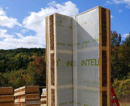 New Frameworks, a building company in Burlington, Vt., makes their own structural straw panels, which incorporate a continuous layer of Gutex insulation on the exterior and an Intello vapor barrier on the interior (both available in the U.S. from 475).