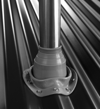Figure 3. To seal round penetrations, use a special rubber boot jack with a moldable aluminum compression ring, like this one from ITW Buildex. The ring can be formed to fit almost any panel rib profile.