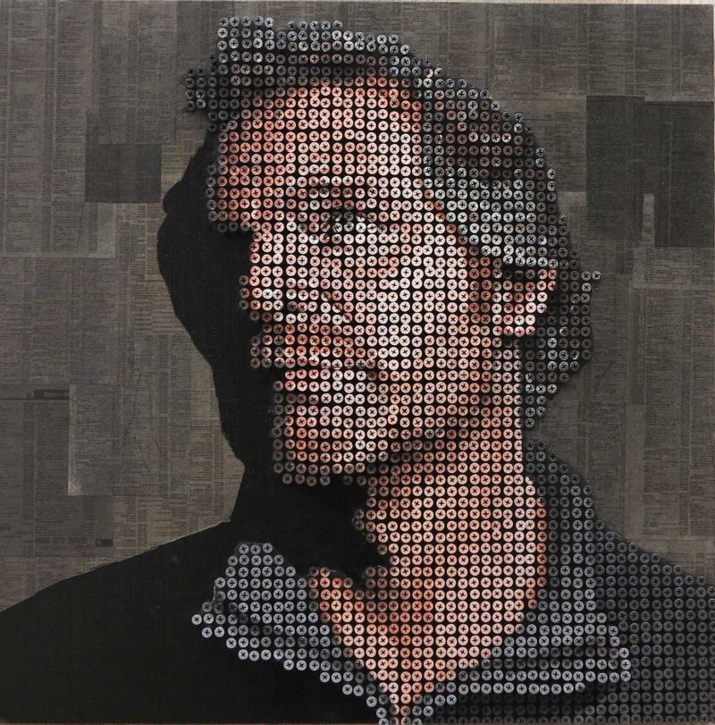 Sculptor Andrew Myers paints on a tight pattern of screws driven to different depths to create unique three-dimensional representations.