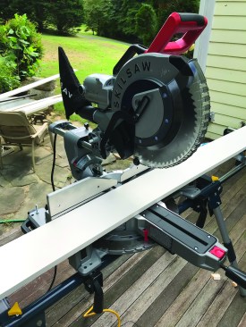 Skilsaw’s powerful SPT88 wormdrive dual-bevel 12-inch SCMS has a big footprint, yet weighs in at only 51 pounds.
