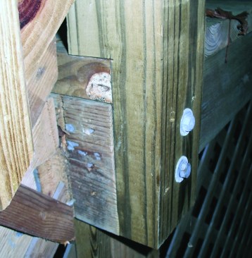 Guard posts that have been notched around the framing may develop cracks originating  in the corner of the notch and running parallel to the grain. Notching weakens a post, and should be avoided.