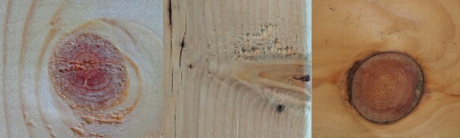 Grading rules limit the number of knots in structural lumber because the distortion of grain around the knot reduces a board’s strength. All these knots are in #2 SPF: A tight, intergrown knots (left); a spike knot (center); and an encased knot (right). The encased knot will resist (or transmit) little or no stress, but there is usually less distortion of grain around one, and therefore it is graded as equivalent to a tight knot of equivalent size.