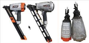 Though the PF150S-PP (on left in both pairings) is similar in appearance to Paslode’s earlier hardware nailer, it’s smaller and lighter and drives only 11/2-inch fasteners. (The larger tool can also drive 21/2-inch nails.)