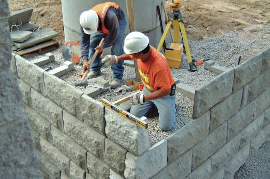 In Lock+Load’s retaining wall system, face pieces are attached to separate anchoring components called counterforts.