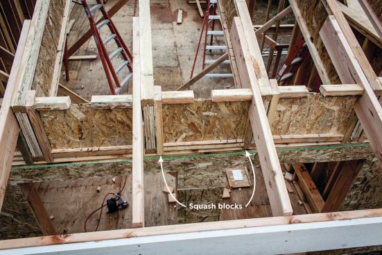 We install the squash blocks on each side of the rafter — one below the 2x6 tail and one on the opposite side.